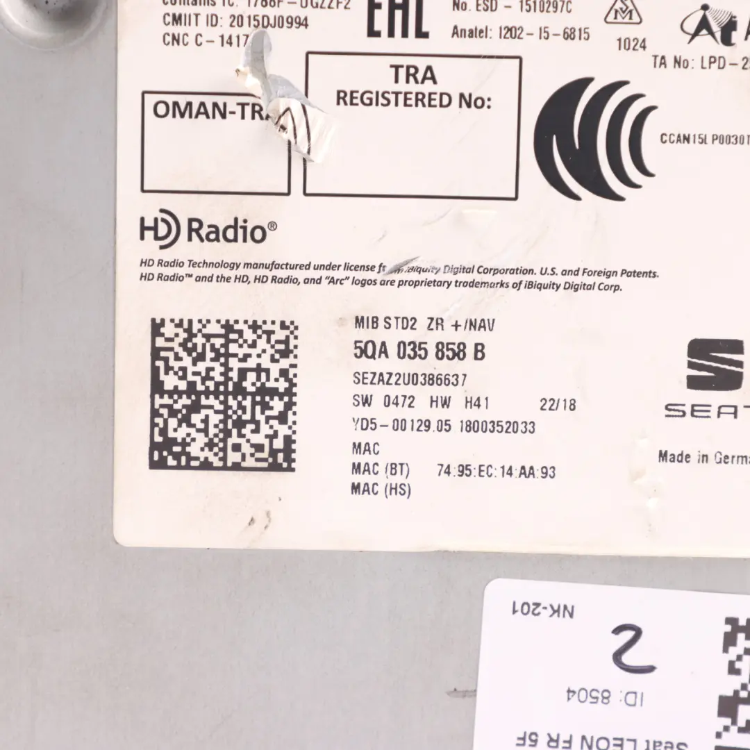 Seat Leon Mk3 5F Multimedia Radio Sat Nav CD Player Head Unit - SKU 5QA035858B - Part number 5QA035858B