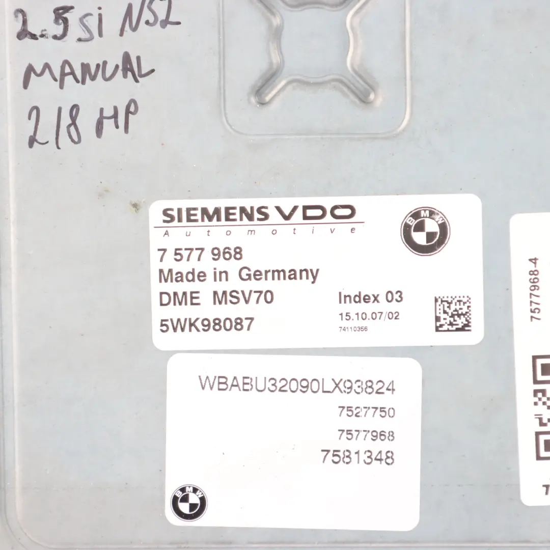 BMW E60 E61 E90 E91 325i 525i N52 218HP Engine Control ECU DME Manual - SKU 7577968-4 - Part number 7577968
