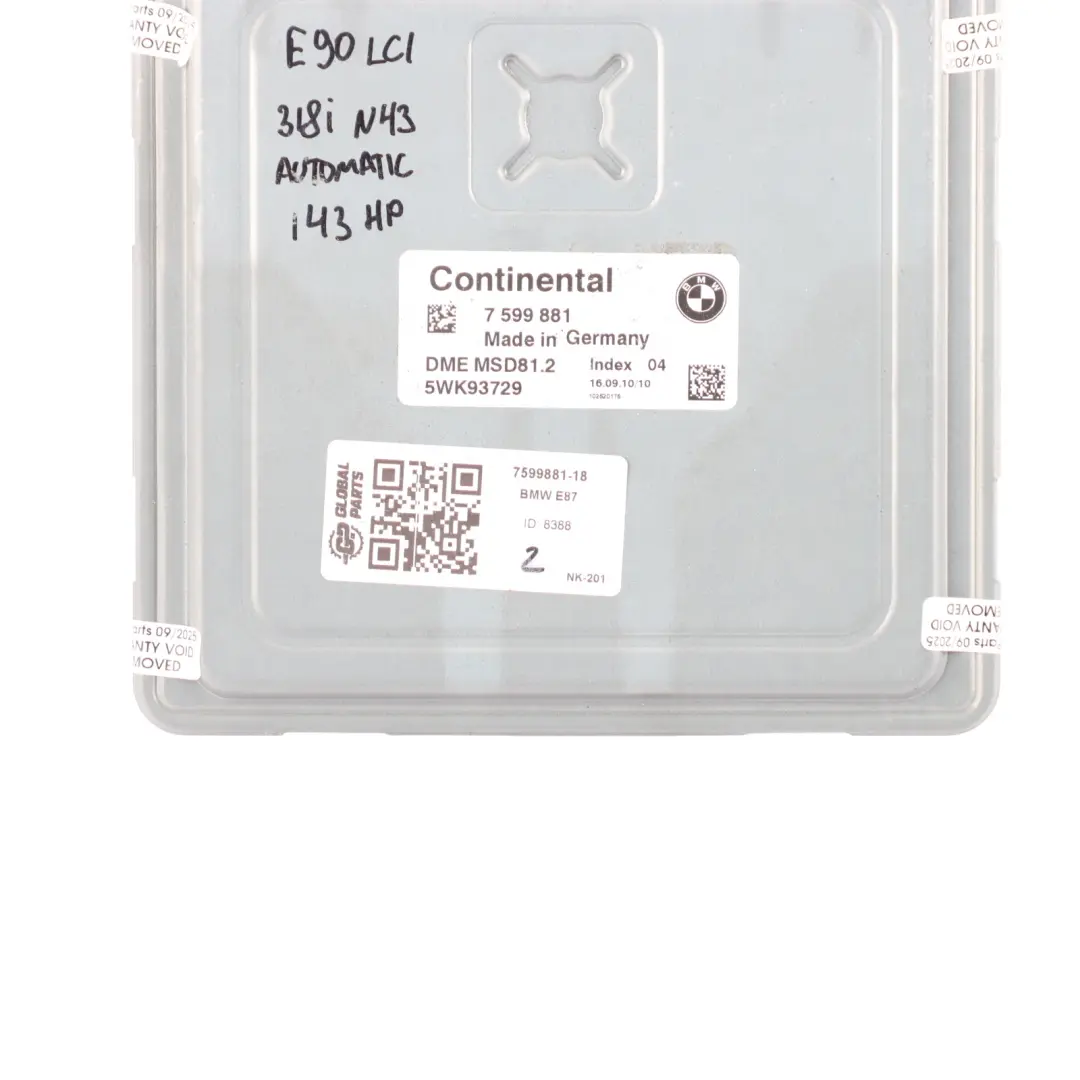 BMW E87 LCI E90 E91 118i 318i N43 143HP Engine Control ECU DME Automatic - SKU 7599881-18 - Part number 7599881