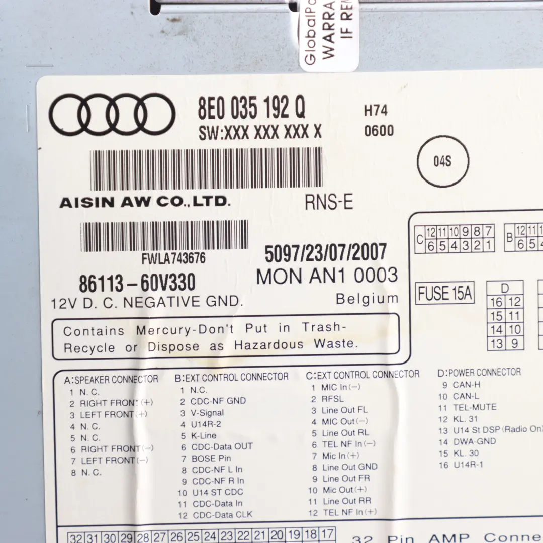 Player Navigation System Car Sat Nav Computer Head Unit to Audi A4 B7 CD with Part number 8E0035192Q Audi A4 B7 CD Player Navigation System Car Sat Nav Computer Head Unit - SKU 8E0035192Q - Part number 8E0035192Q