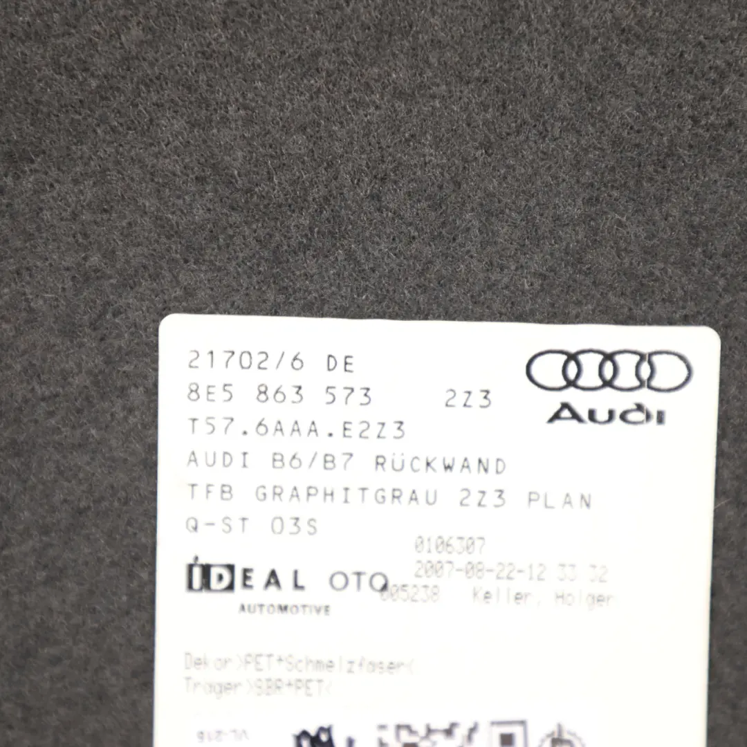 Audi A4 B7 Rear Seat Fixed Back Carpet Rest Upholstery Cover Liner - SKU 8E5863573 - Part number 8E5863573