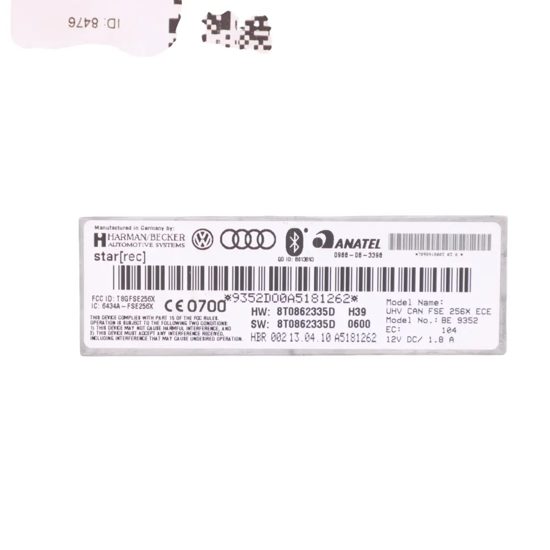 Bluetooth Multimedia Interface Control Module Unit ECU to Audi A4 B8 with Part number 8T0862335D Audi A4 B8 Bluetooth Multimedia Interface Control Module Unit ECU - SKU 8T0862335D - Part number 8T0862335D