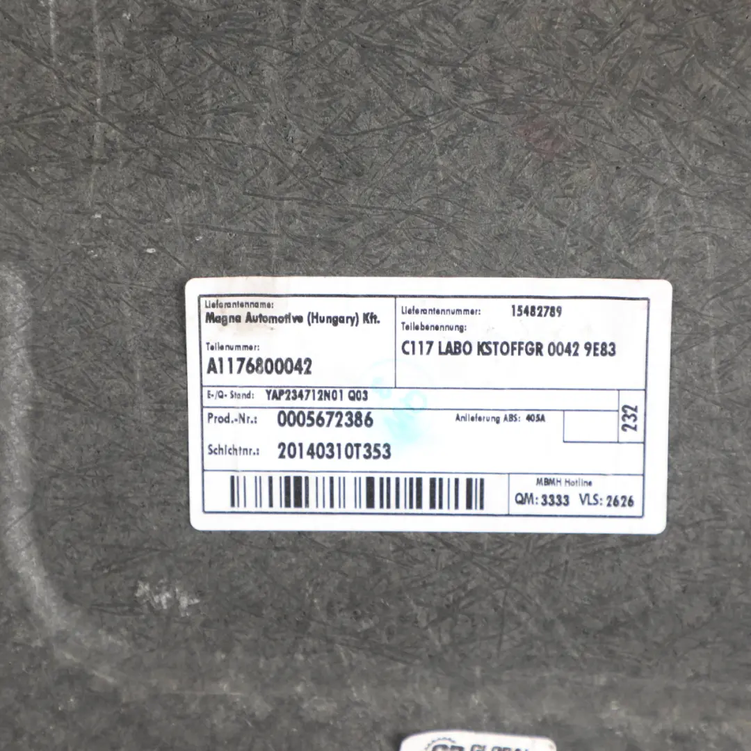 Mercedes C117 Boot Trunk Floor Rear Loading Trim Panel Carpet Black - SKU A1176800042-1 - Part number A1176800042