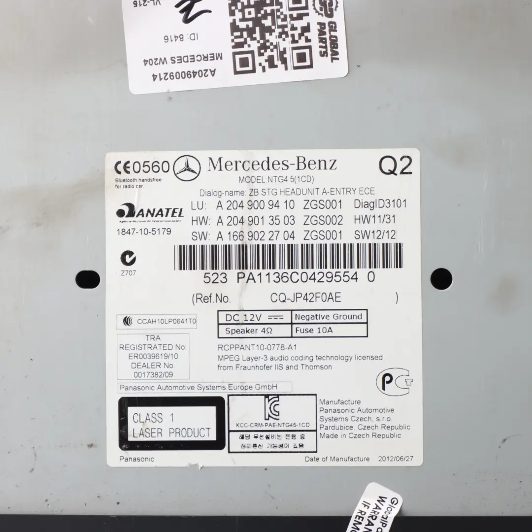 Mercedes W204 CD Player Radio Stereo Navigation Sat Nav Head Unit - SKU A2049009214 - Part number A2049009214