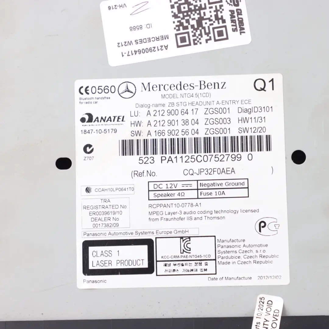 W207 W212 Unità Radio Lettore CD Pannello Controllo per Mercedes con numero di parte A2129006417 Mercedes W207 W212 Unità Radio Lettore CD Pannello Controllo - SKU A2129006417-1 - Numero di parte A2129006417