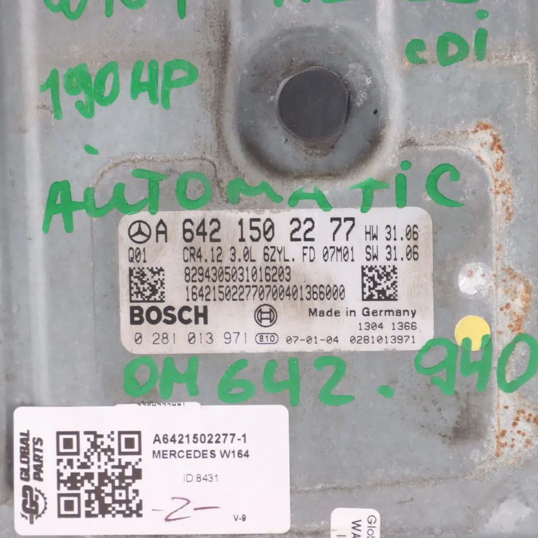 Mercedes ML W164 280CDI 4-Matic OM642 Engine Control ECU Kit Automat - SKU A6421502277-1 - Part number A6421502277
