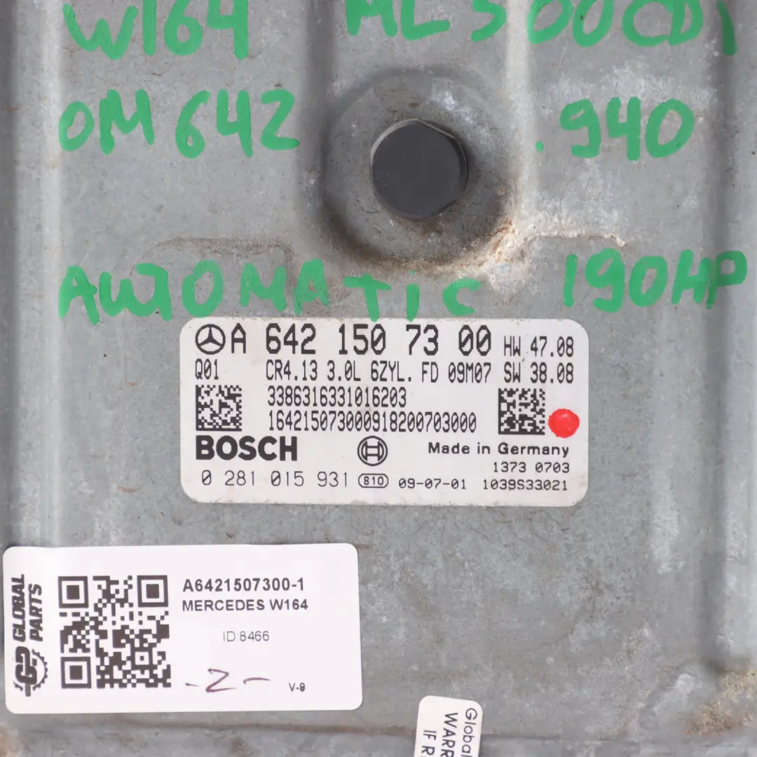 Mercedes W164 ML300 CDI 642.940 190HP Engine Control ECU Automatic - SKU A6421507300-1 - Part number A6421507300