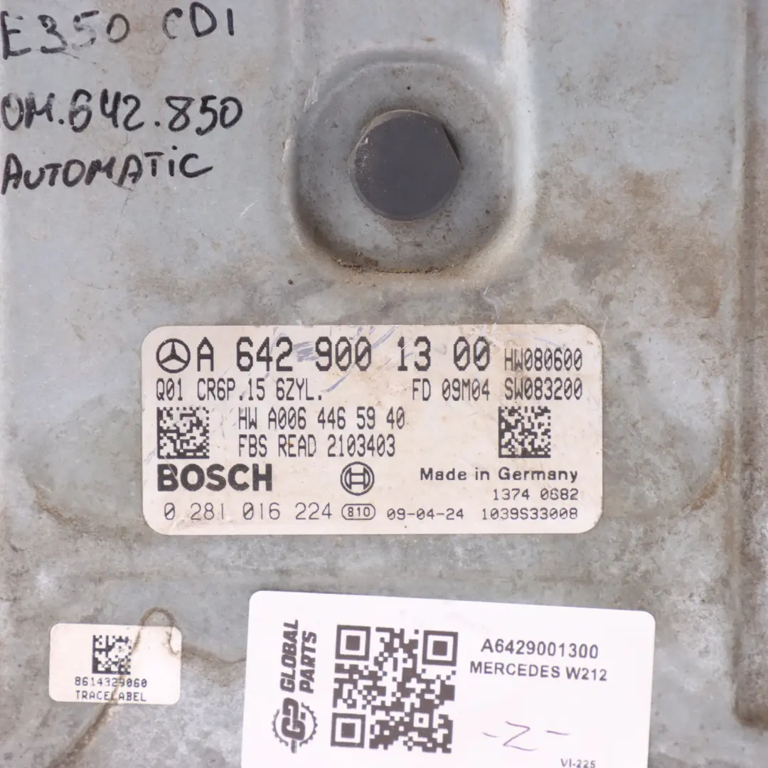 OM642.850 231HP Engine Control ECU Automatic to Mercedes W212 E350 CDI with Part number A6429001300 Mercedes W212 E350 CDI OM642.850 231HP Engine Control ECU Automatic - SKU A6429001300 - Part number A6429001300