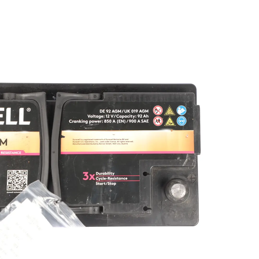  Duracell Advanced Extended Accumulator Car Battery Unit 92Ah 850A 12V - SKU DURACEL-AGM-92AH - Part number DURACEL-AGM-92AH
