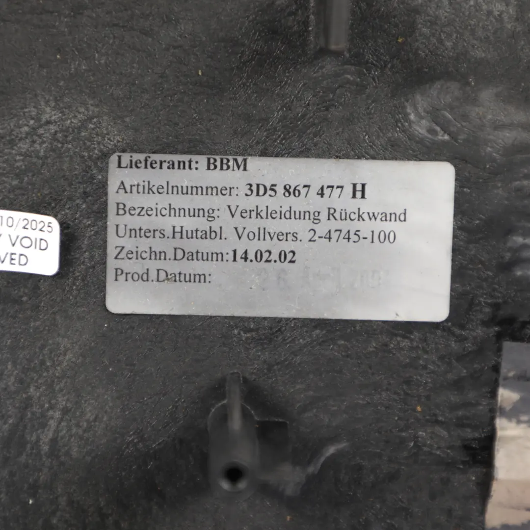 VW Phaeton GP0 3D Parcel Shelf Cover Luggage Compartment Trim Panel - SKU 3D5867477H - Part number 3D5867477H