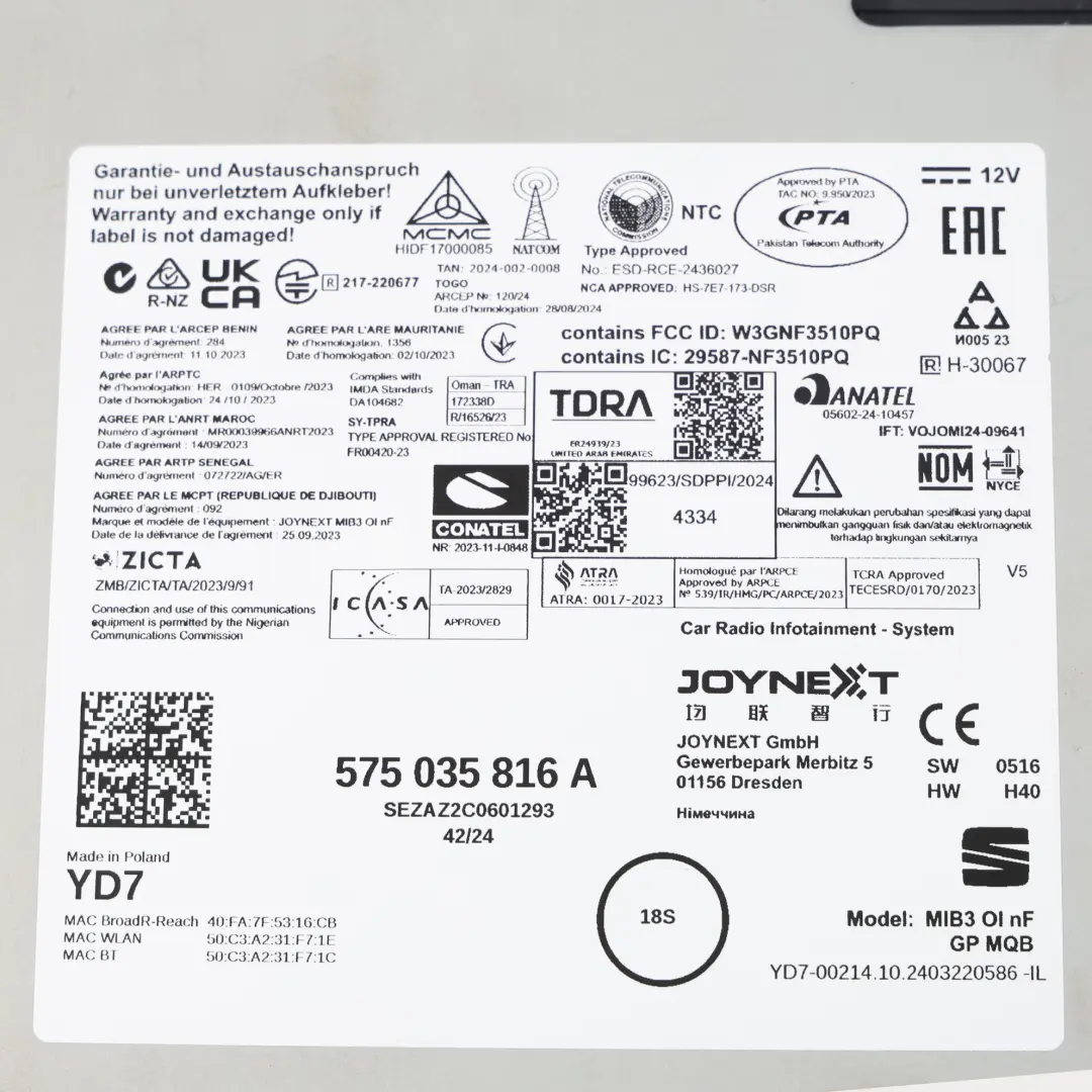 Mk5 KJ1 Autoradio CD Multimédia Unité Principale pour Seat Ibiza à propos du numéro de pièce 575035816A Seat Ibiza Mk5 KJ1 Autoradio CD Multimédia Unité Principale - SKU 575035816A - Numéro de pièce 575035816A