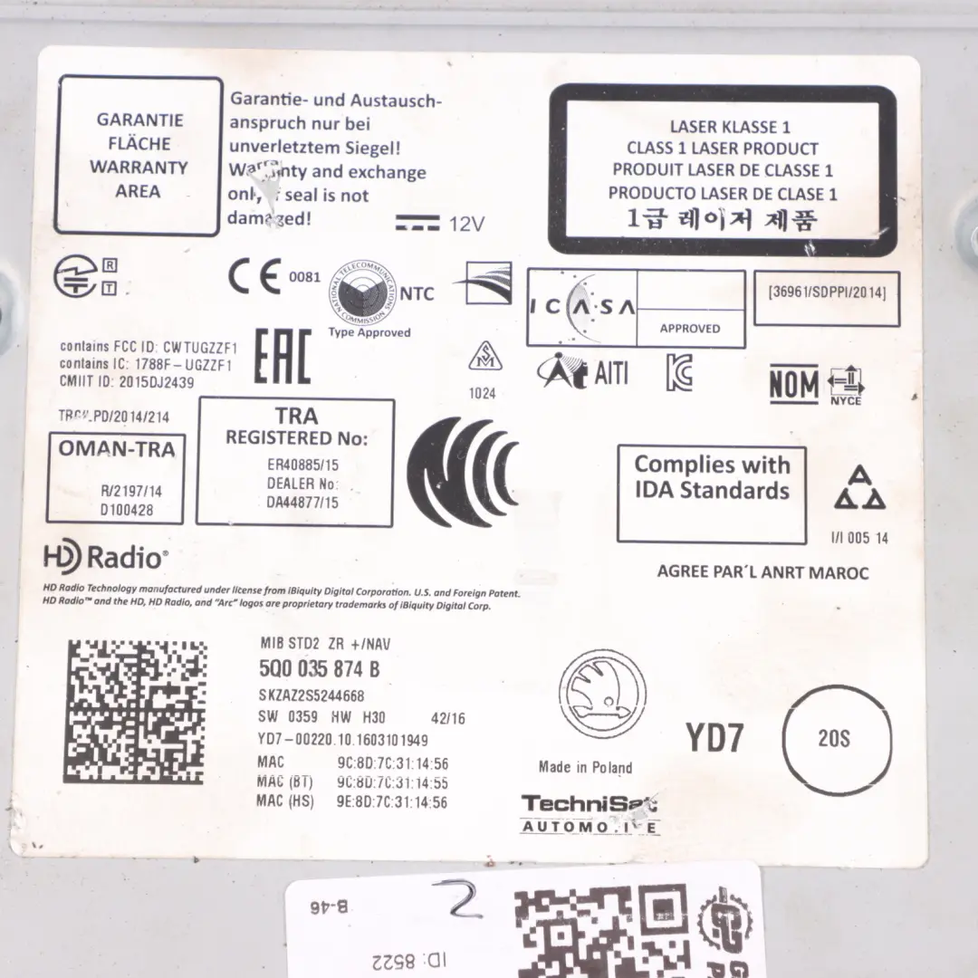 Skoda Octavia 5E MMI Multimedia SAT NAV Radio Stereo Steuergerät - SKU 5Q0035874B - Teilenummer 5Q0035874B