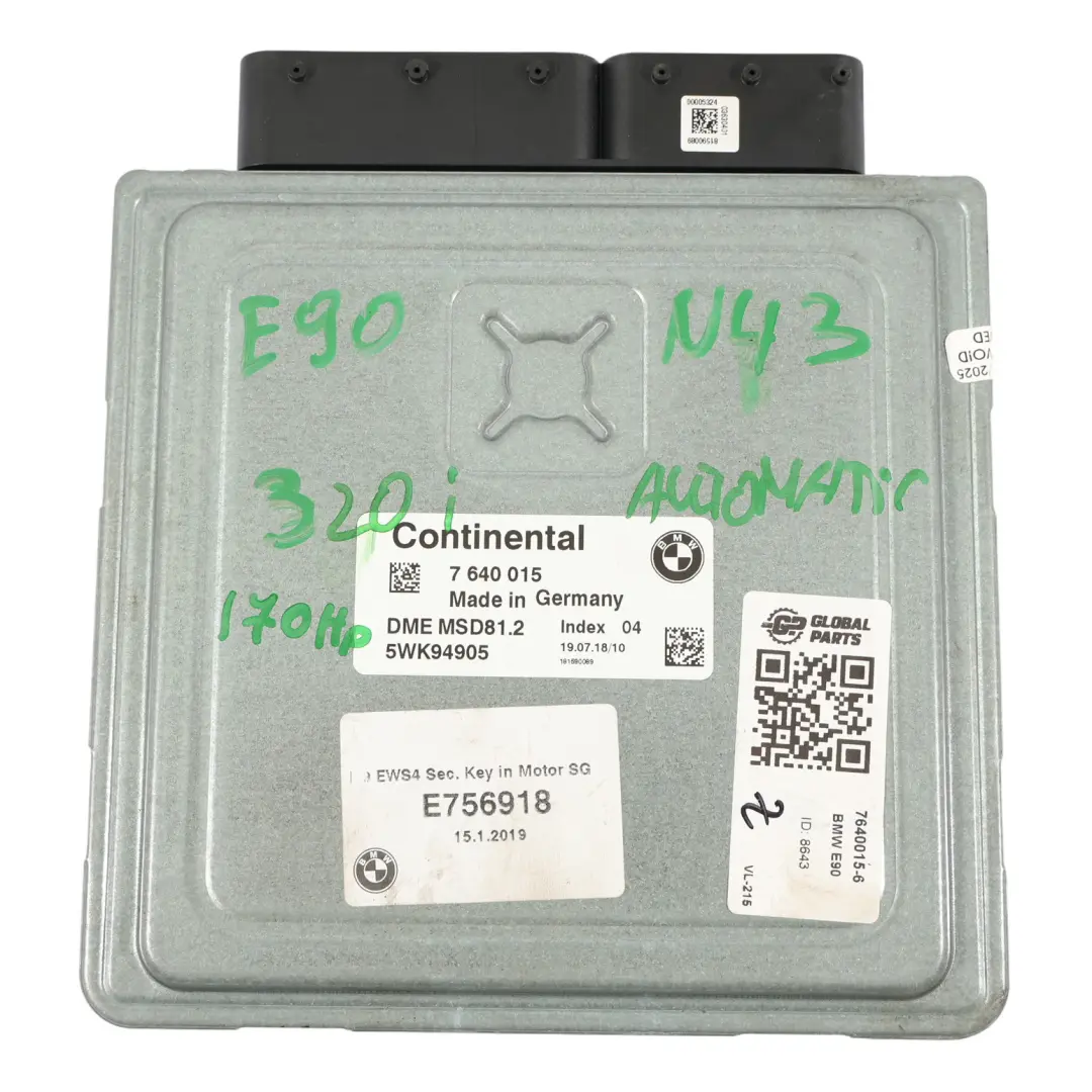 N43 170HP Engine Control Unit ECU DME Automatic to BMW E90 E91 E92 320i with Part number 7640015 BMW E90 E91 E92 320i N43 170HP Engine Control Unit ECU DME Automatic - SKU 7640015-6 - Part number 7640015
