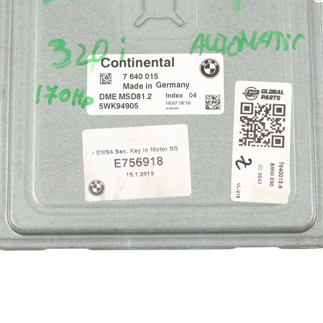 N43 170HP Motor Steuer Gerät ECU DME Automatik für BMW E90 E91 E92 320I mit Teilenummer 7640015 BMW E90 E91 E92 320I N43 170HP Motor Steuer Gerät ECU DME Automatik - SKU 7640015-6 - Teilenummer 7640015
