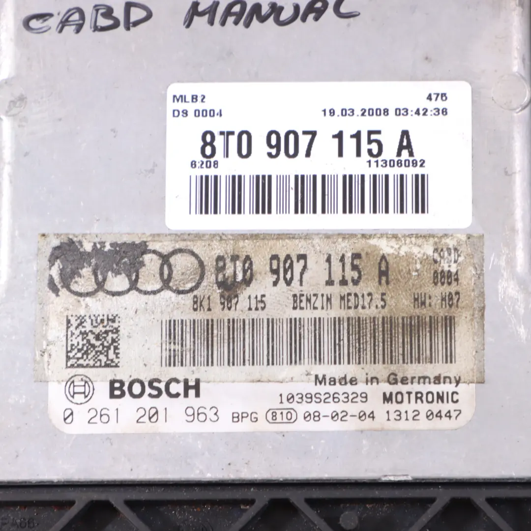 Audi A5 8T 1.8 TFSI CABD 170HP Calculateur Moteur ECU Manuel - SKU 8T0907115A - Numéro de pièce 8T0907115A