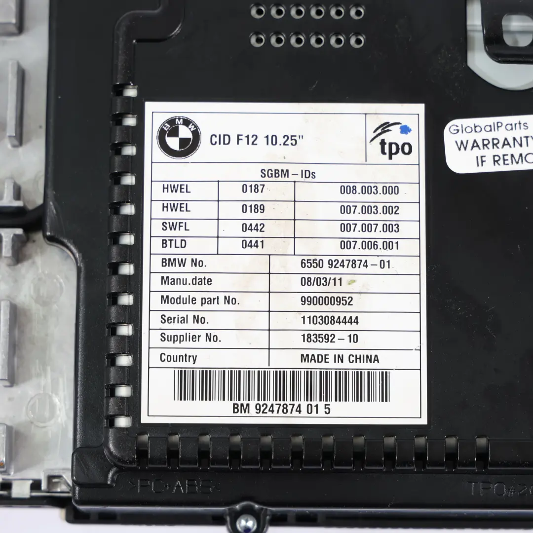 Schermo Di Informazione Centrale CIC Navigazione per BMW F06 F12 F13 con numero di parte 9247874 BMW F06 F12 F13 Schermo Di Informazione Centrale CIC Navigazione - SKU 9247874-2 - Numero di parte 9247874