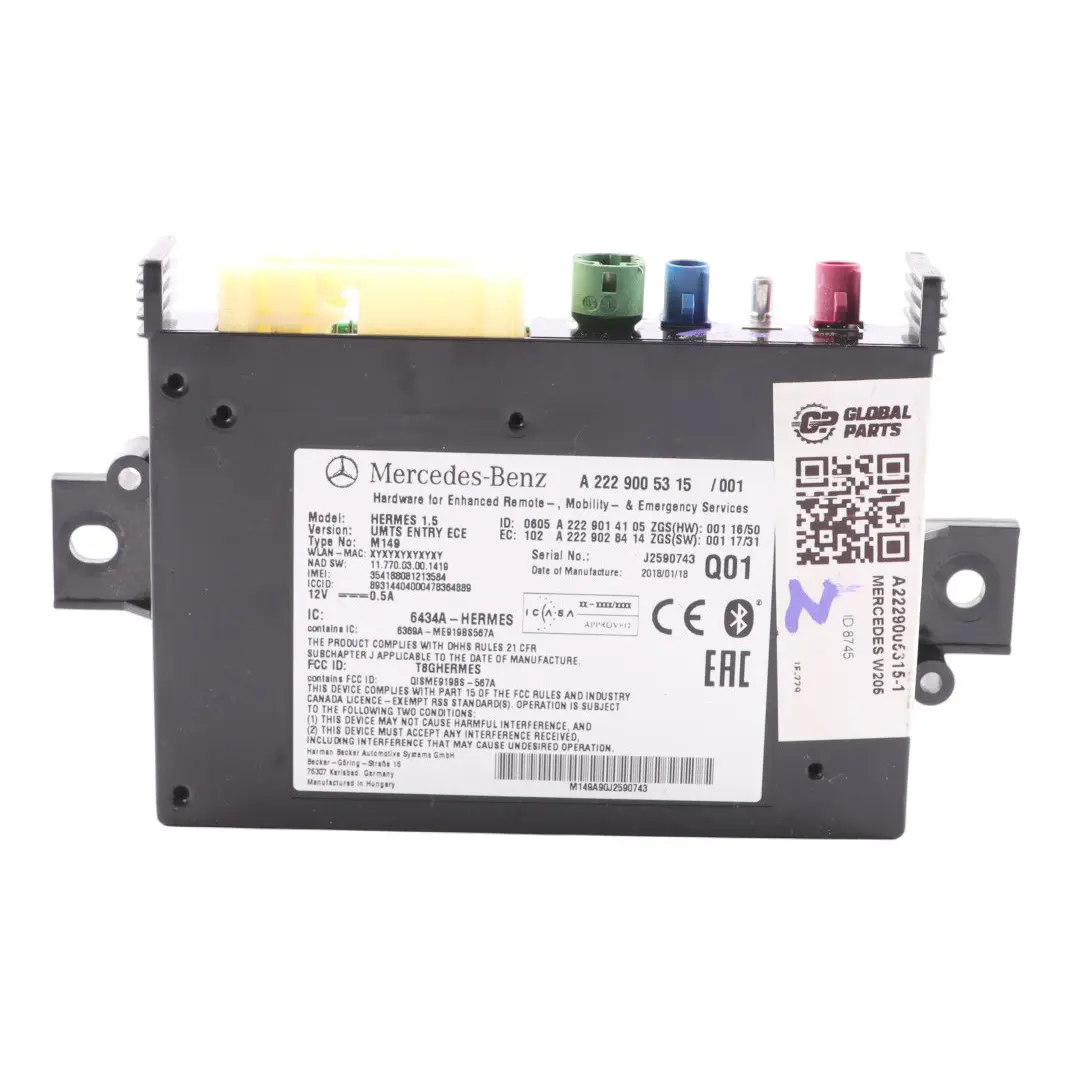 Mercedes W176 W205 Bluetooth Module Multimedia Control Unit ECU - SKU A2229005315-1 - Part number A2229005315