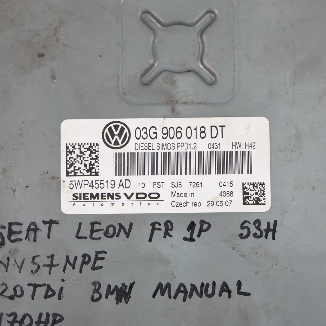 Seat Leon II 1P 2.0 TDI BMN 170HP Módulo Control Motor ECU 03G906018DN Manual - SKU 03G906018DT-1 - Número de pieza 03G906018DT