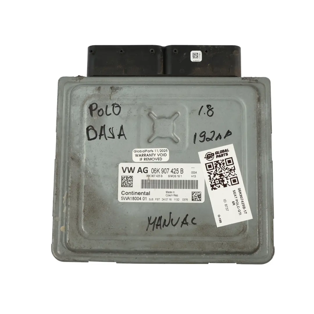  Kit ECU Motore Volkswagen Polo GTI 6R 1.8 TSI DAJA 192 CV BCM Chiave - SKU 06K907425B-17 - Numero di parte 06K907425B