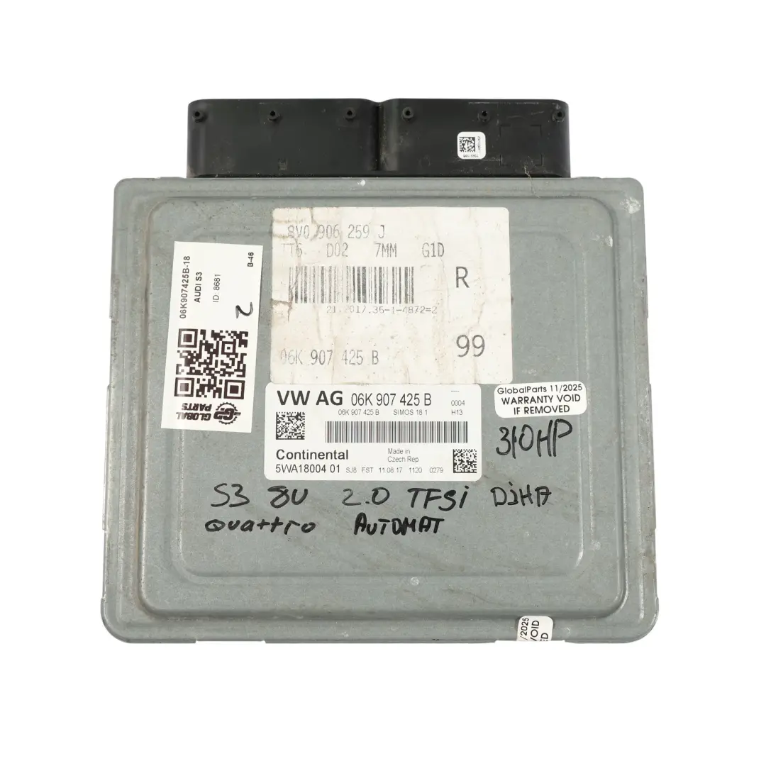 Audi S3 8V 2.0 TFSI DJHA 310HP Quattro Motore ECU Kit BCM + Chiave - SKU 06K907425B-18 - Numero di parte 06K907425B