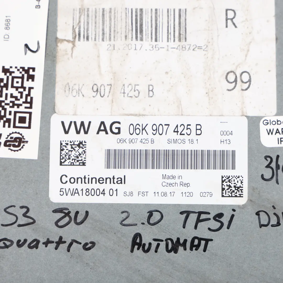 Audi S3 8V 2.0 TFSI DJHA 310HP Quattro Komputer Silnika Zestaw - SKU 06K907425B-18 - Numer Części 06K907425B
