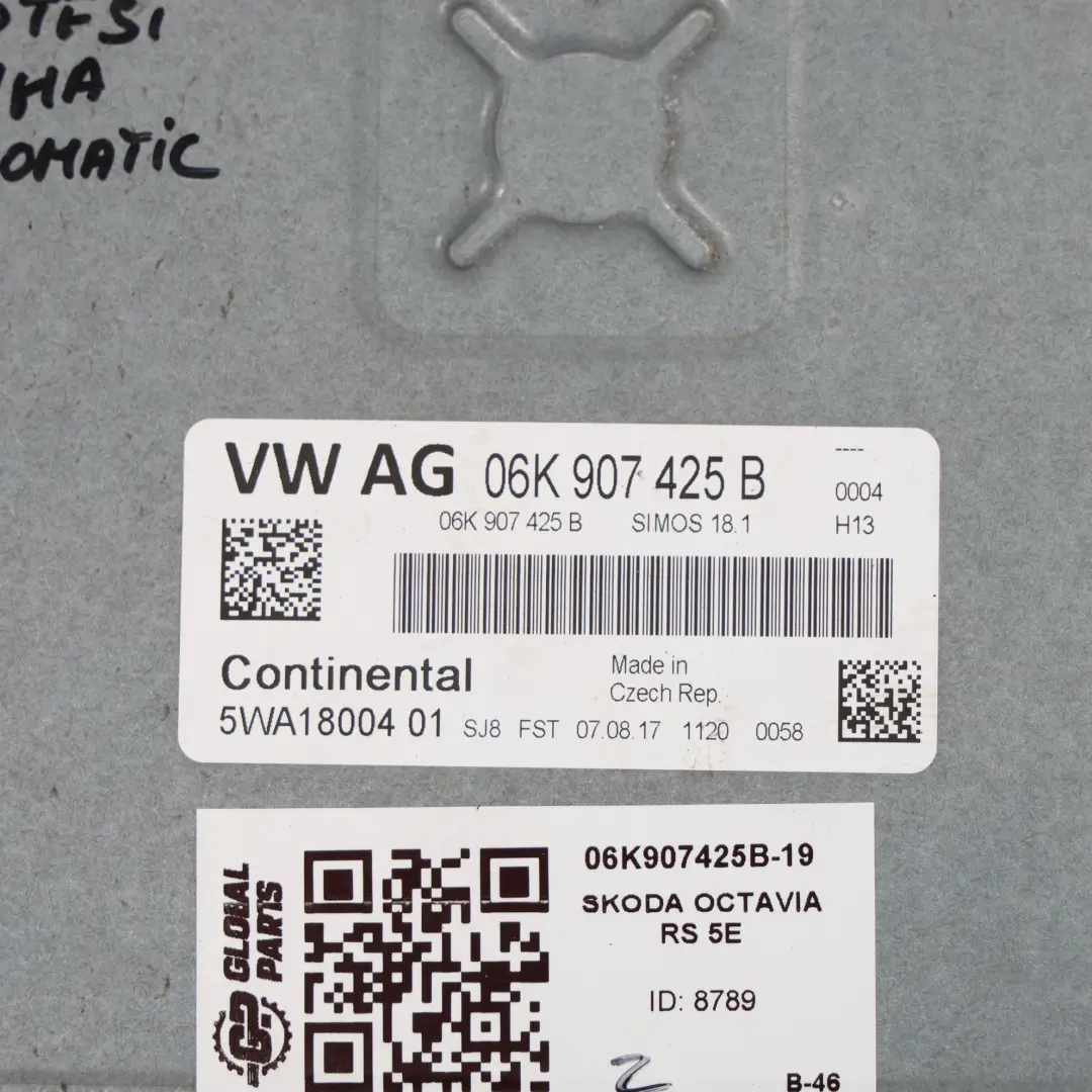 Skoda Octavia RS 5E 2.0TSI CHHA 220HP Engine Unit ECU Kit Automatic - SKU 06K907425B-19 - Part number 06K907425B