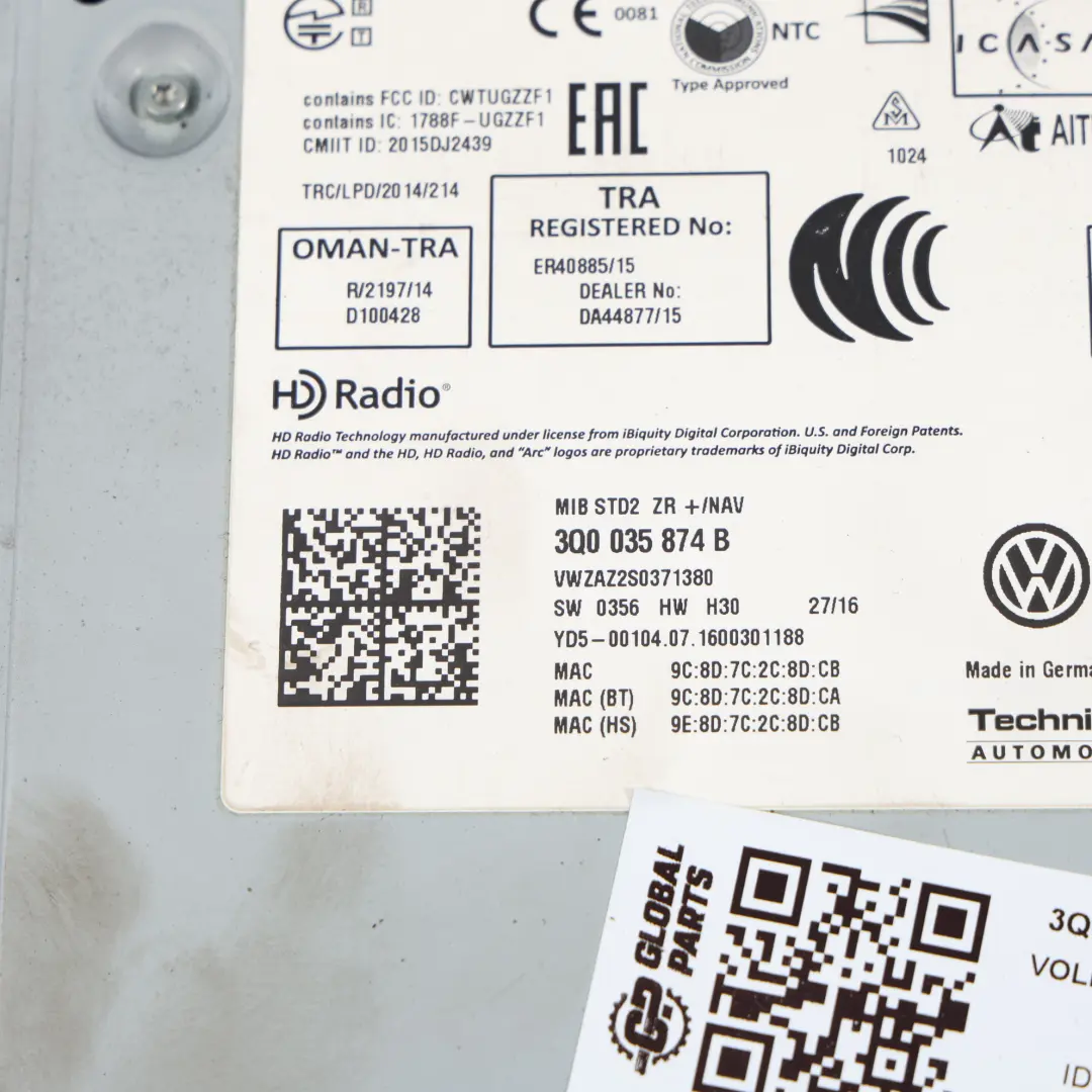 VW Volkswagen Golf Mk7 Autoradio stéréo avec navigation satellite - SKU 3Q0035874B - Numéro de pièce 3Q0035874B