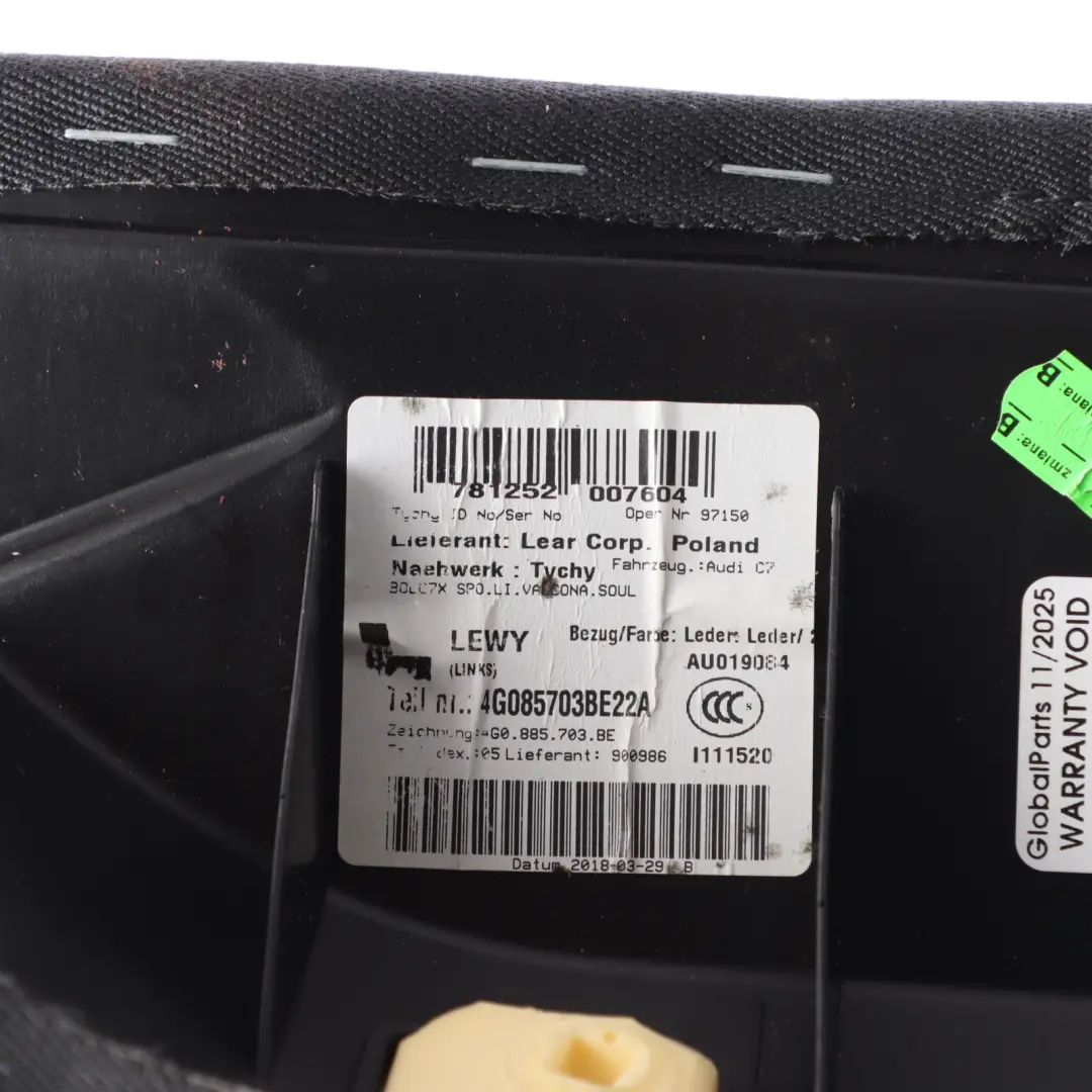 Side Cover Left N/S Seat Bolster Black Leather to Audi A6 C7 Rear Seat with Part number 4G0885703BE Audi A6 C7 Rear Seat Side Cover Left N/S Seat Bolster Black Leather - SKU 4G0885703BE - Part number 4G0885703BE