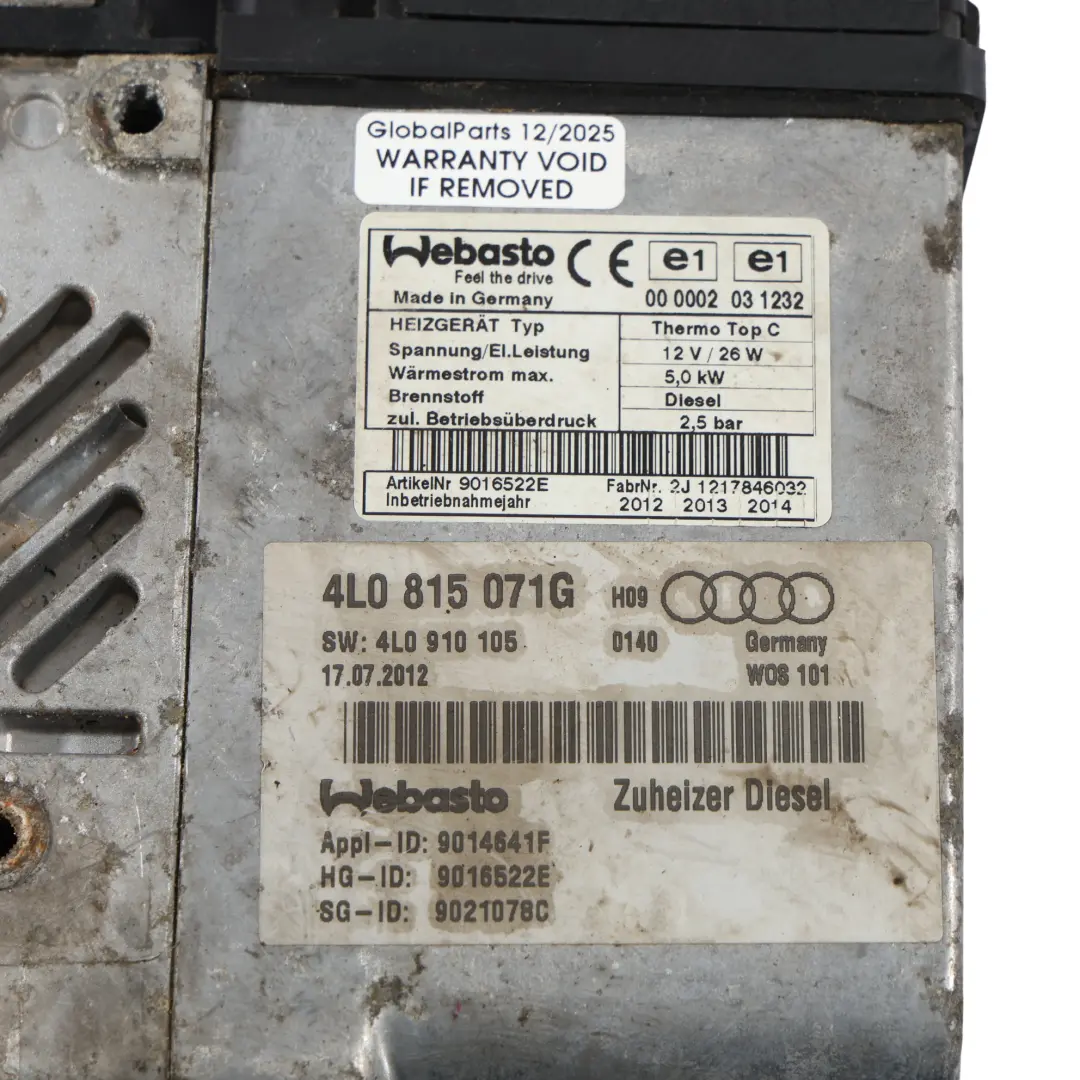 Webasto Ausiliario Riscaldatore Diesel per Audi Q7 4L con numero di parte 4L0815071G Audi Q7 4L Webasto Ausiliario Riscaldatore Diesel - SKU 4L0815071G - Numero di parte 4L0815071G