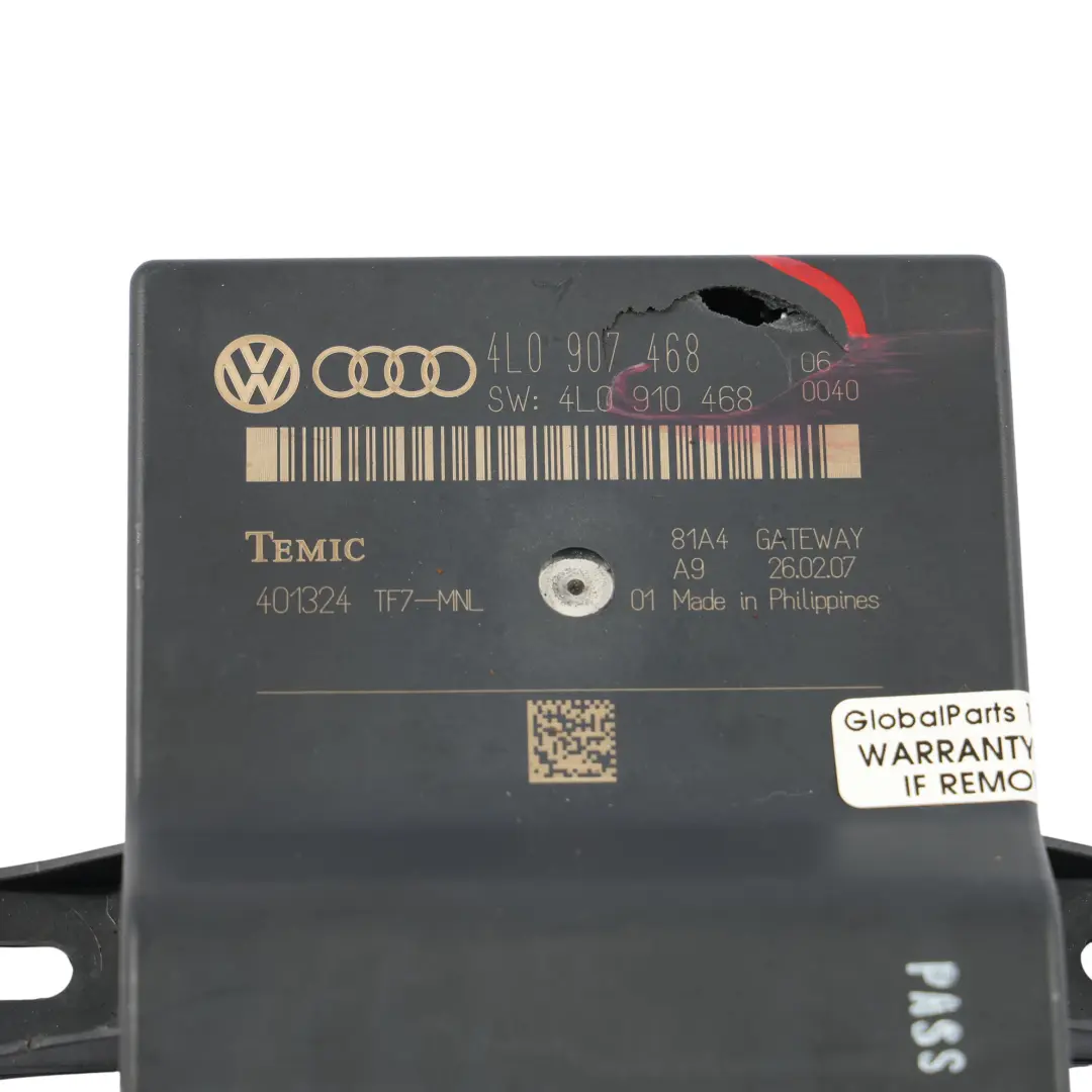 Unité De Commande De Module De Passerelle 4L0910468 pour Audi A6 C6 Q7 4L à propos du numéro de pièce 4L0907468 Audi A6 C6 Q7 4L Unité De Commande De Module De Passerelle 4L0910468 - SKU 4L0907468 - Numéro de pièce 4L0907468