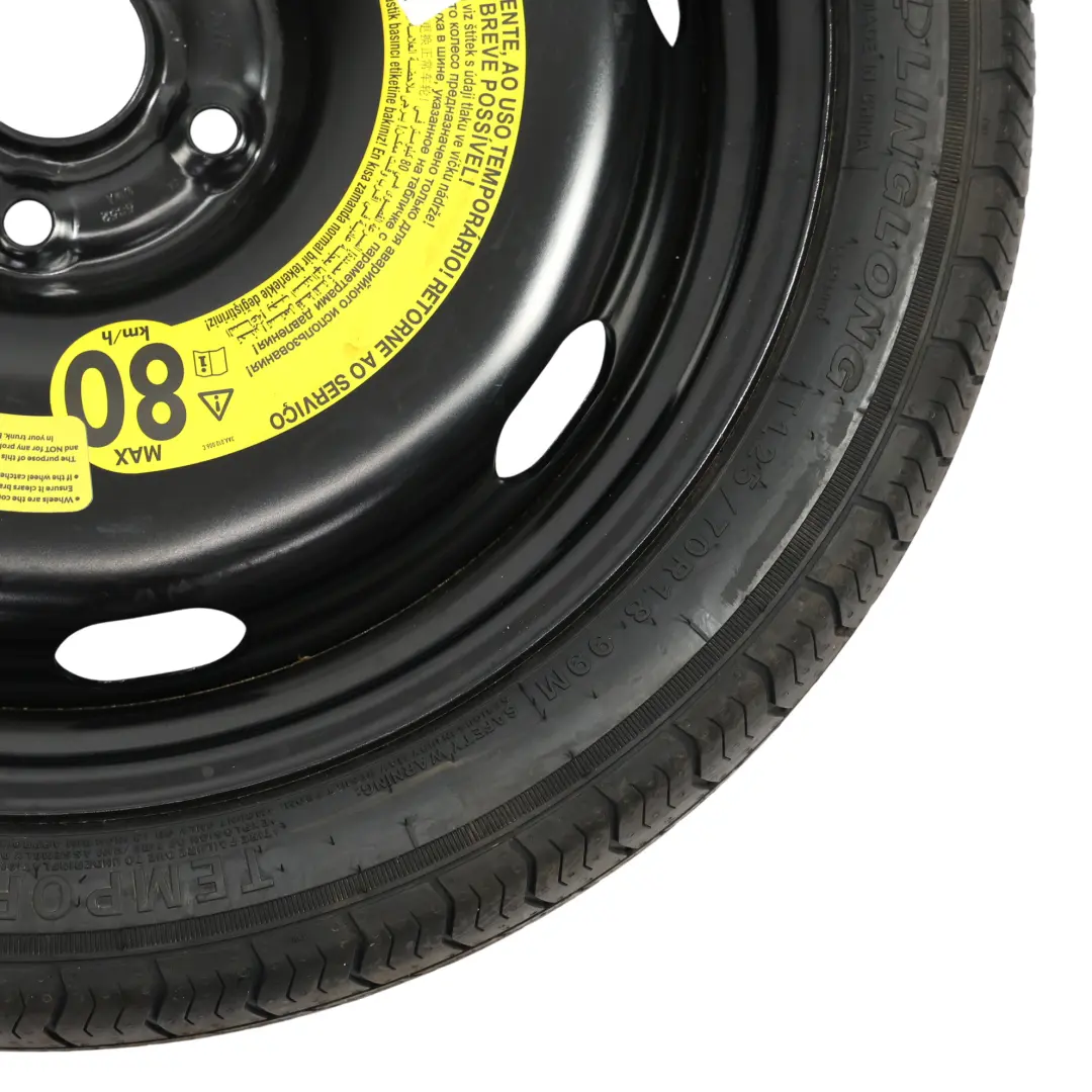 Rueda Repuesto Acero R18 Neumático 3.5J ET: 25.5 125/70 5Q0601027BT para VW Golf Mk7 con número de pieza 5H0601027 VW Golf Mk7 Rueda Repuesto Acero R18 Neumático 3.5J ET: 25.5 125/70 5Q0601027BT - SKU 5H0601027 - Número de pieza 5H0601027