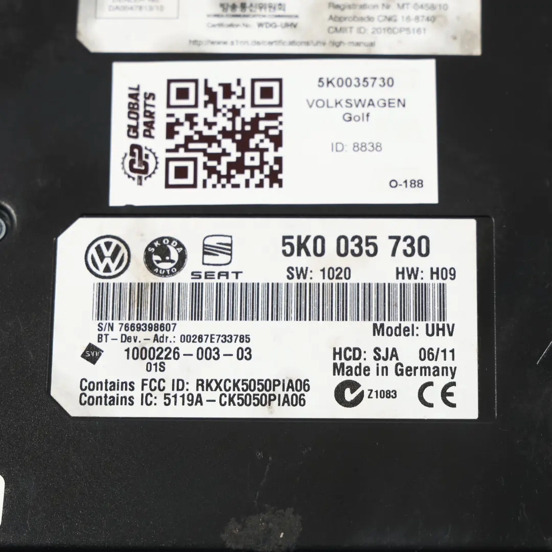 MK4 VW Golf MK6 Module De Commande D'Interface Bluetooth pour Seat Ibiza à propos du numéro de pièce 5K0035730 Seat Ibiza MK4 VW Golf MK6 Module De Commande D'Interface Bluetooth - SKU 5K0035730 - Numéro de pièce 5K0035730