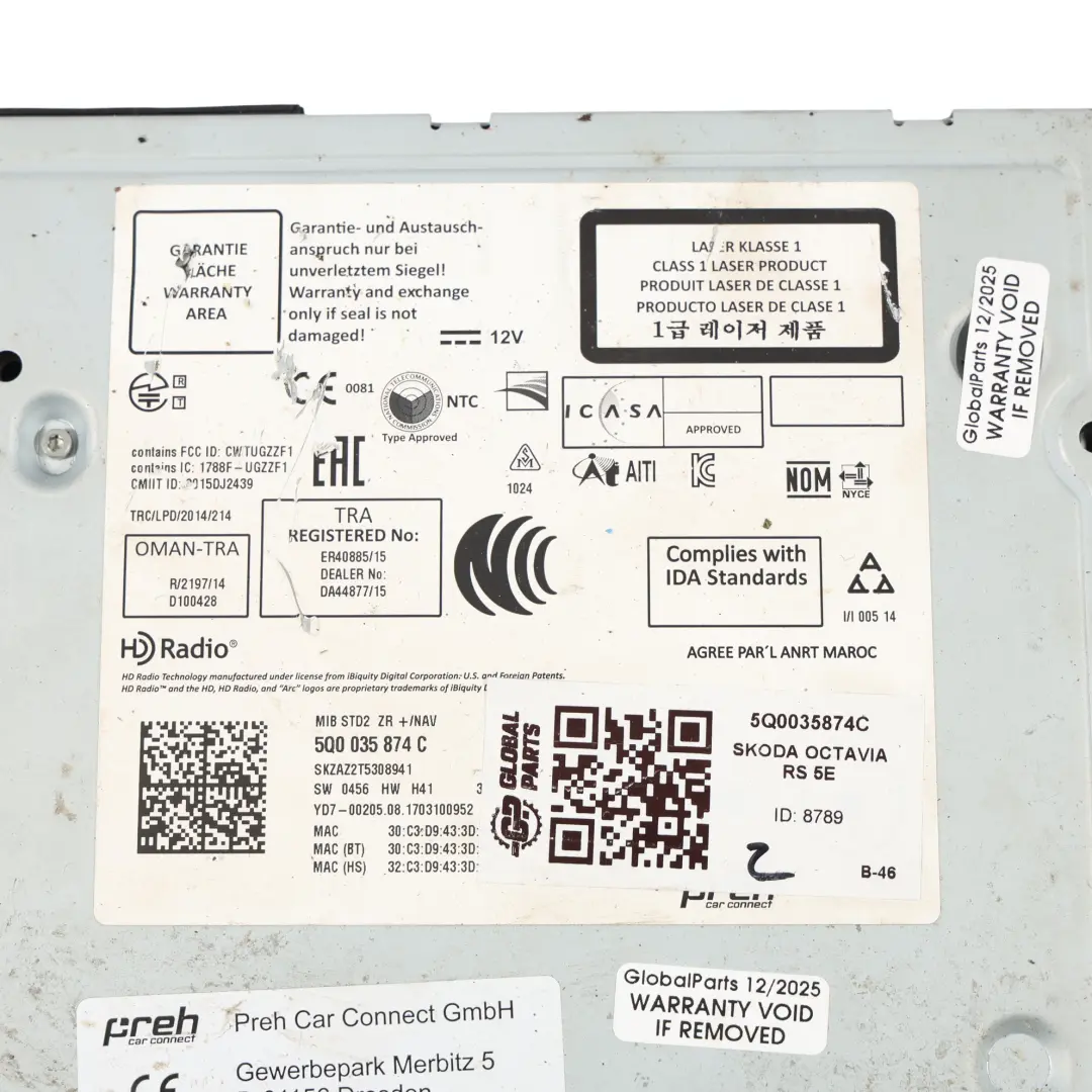 Mk3 5E Unità Principale Stereo Sat Nav Multimediale MMI per Skoda Octavia con numero di parte 5Q0035874C Skoda Octavia Mk3 5E Unità Principale Stereo Sat Nav Multimediale MMI - SKU 5Q0035874C - Numero di parte 5Q0035874C