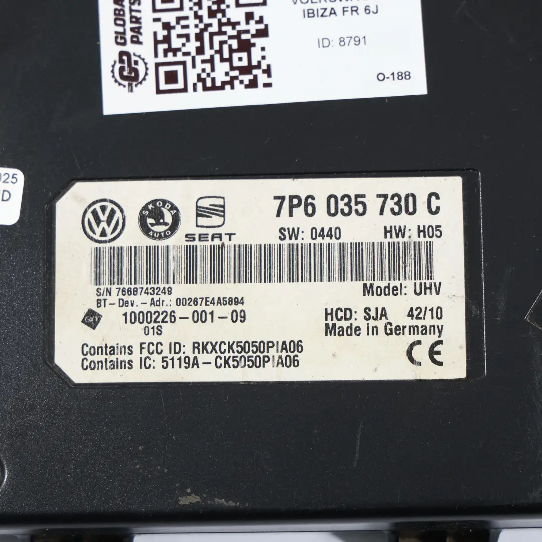 Skoda Superb Seat Ibiza 6J Bluetooth Schnittstelle Steuer Modul ECU - SKU 7P6035730C - Teilenummer 7P6035730C