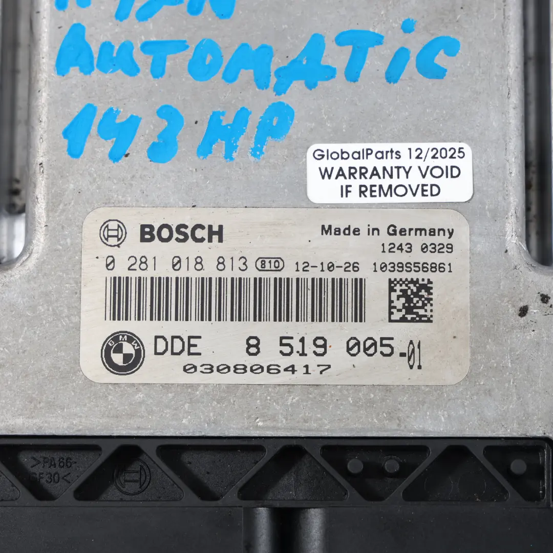 18Dx Diesel N47N 143HP Unità Motore ECU DDE Automatico per BMW X1 E84 con numero di parte 8519005 BMW X1 E84 18Dx Diesel N47N 143HP Unità Motore ECU DDE Automatico - SKU 8519005-2 - Numero di parte 8519005