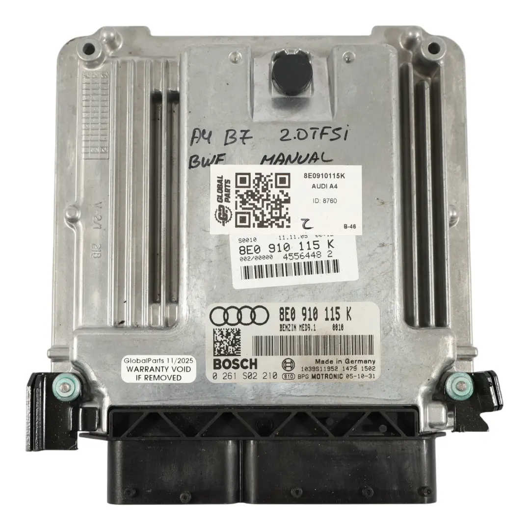 Audi A4 B7 2.0 TFSI BWE 200PS Motor Steuerung ECU Manuelles - SKU 8E0910115K - Teilenummer 8E0910115K