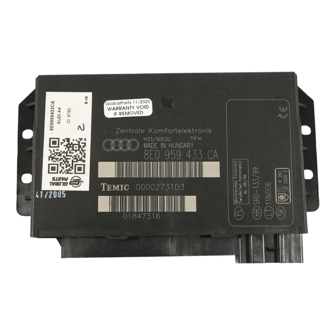 Módulo Alimentación BCM Control Confort Carrocería para Audi A4 B7 con número de pieza 8E0959433CA Audi A4 B7 Módulo Alimentación BCM Control Confort Carrocería - SKU 8E0959433CA - Número de pieza 8E0959433CA