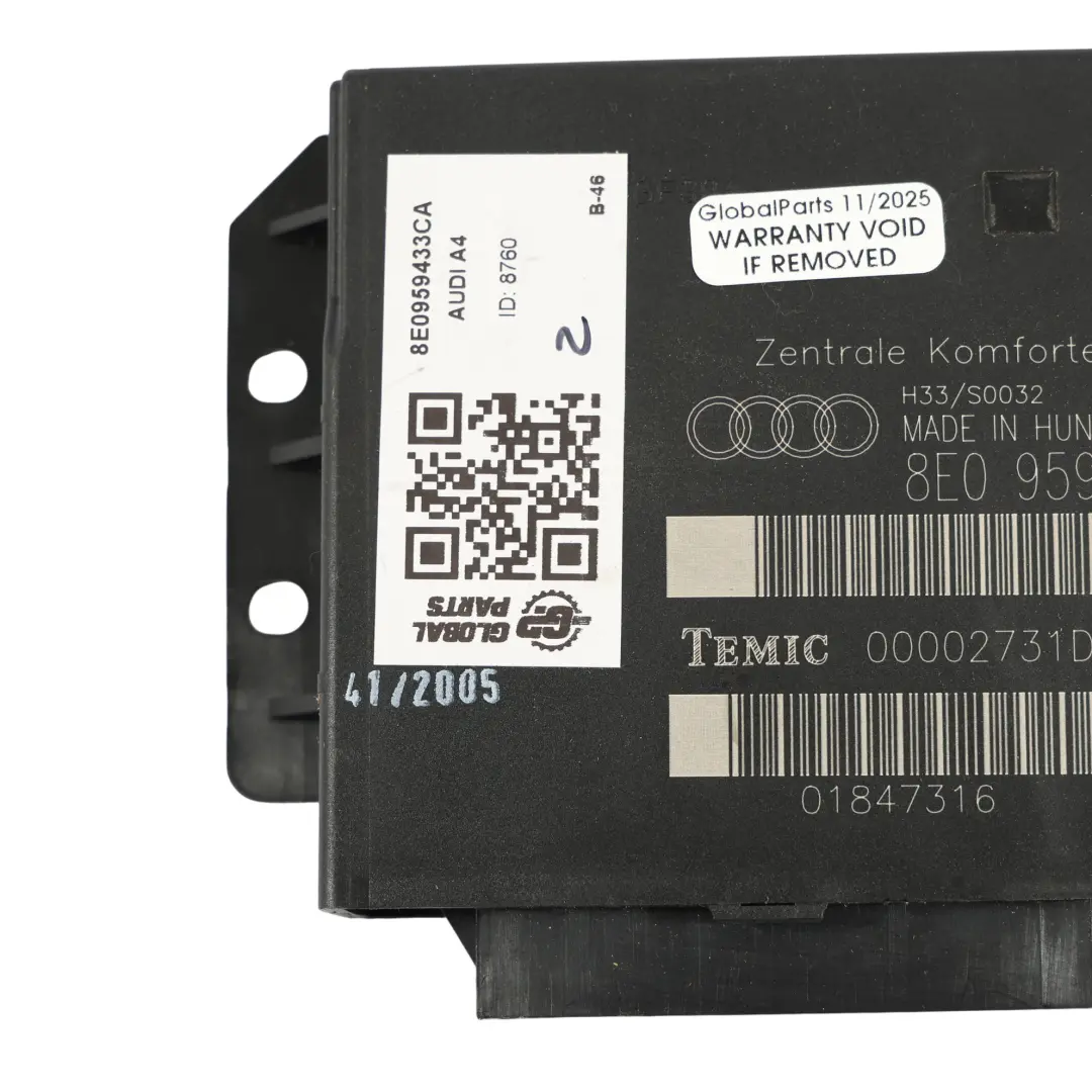 Audi A4 B7 Komfortsteuergerät BCM Steuergerät - SKU 8E0959433CA - Teilenummer 8E0959433CA