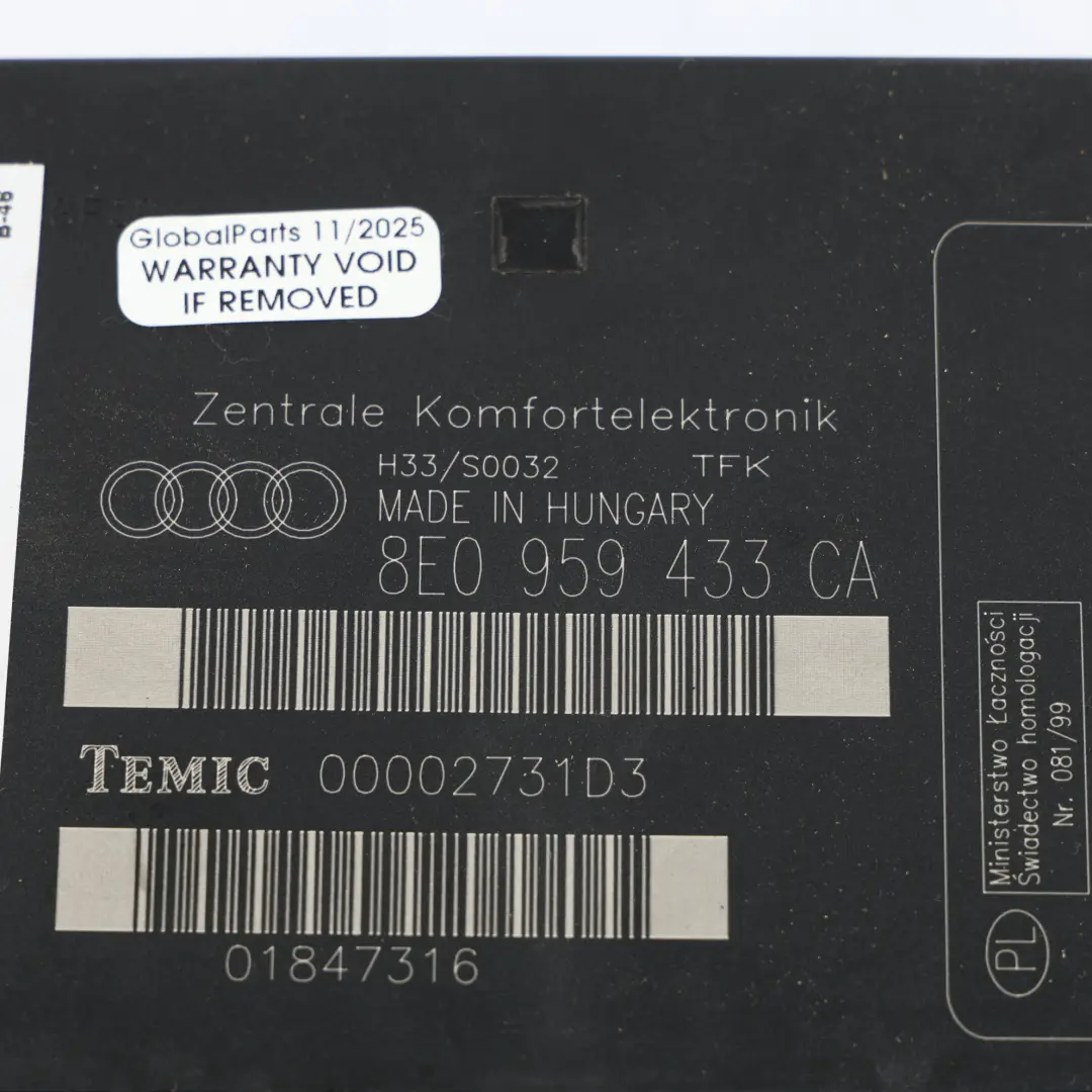 Module D'Alimentation Du BCM Unité ECU pour Audi A4 B7 à propos du numéro de pièce 8E0959433CA Audi A4 B7 Module D'Alimentation Du BCM Unité ECU - SKU 8E0959433CA - Numéro de pièce 8E0959433CA