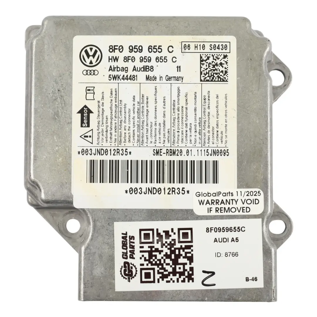 8F Cabrio Modulo Aria Unità Controllo ECU Crash Control per Audi A5 con numero di parte 8F0959655C Audi A5 8F Cabrio Modulo Aria Unità Controllo ECU Crash Control - SKU 8F0959655C - Numero di parte 8F0959655C