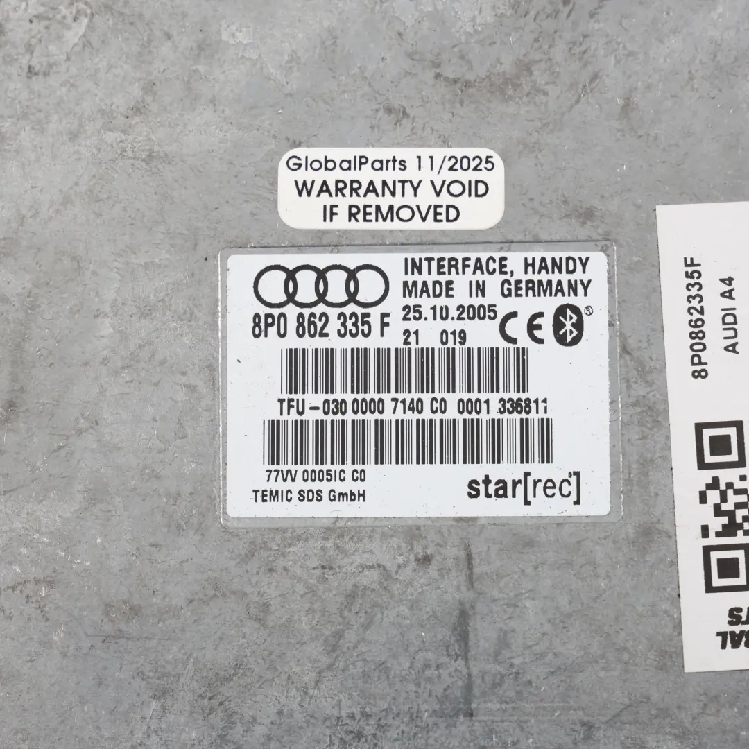 Módulo Bluetooth Interfaz Control Manos Libres para Audi A3 8P A4 B7 con número de pieza 8P0862335F Audi A3 8P A4 B7 Módulo Bluetooth Interfaz Control Manos Libres - SKU 8P0862335F - Número de pieza 8P0862335F