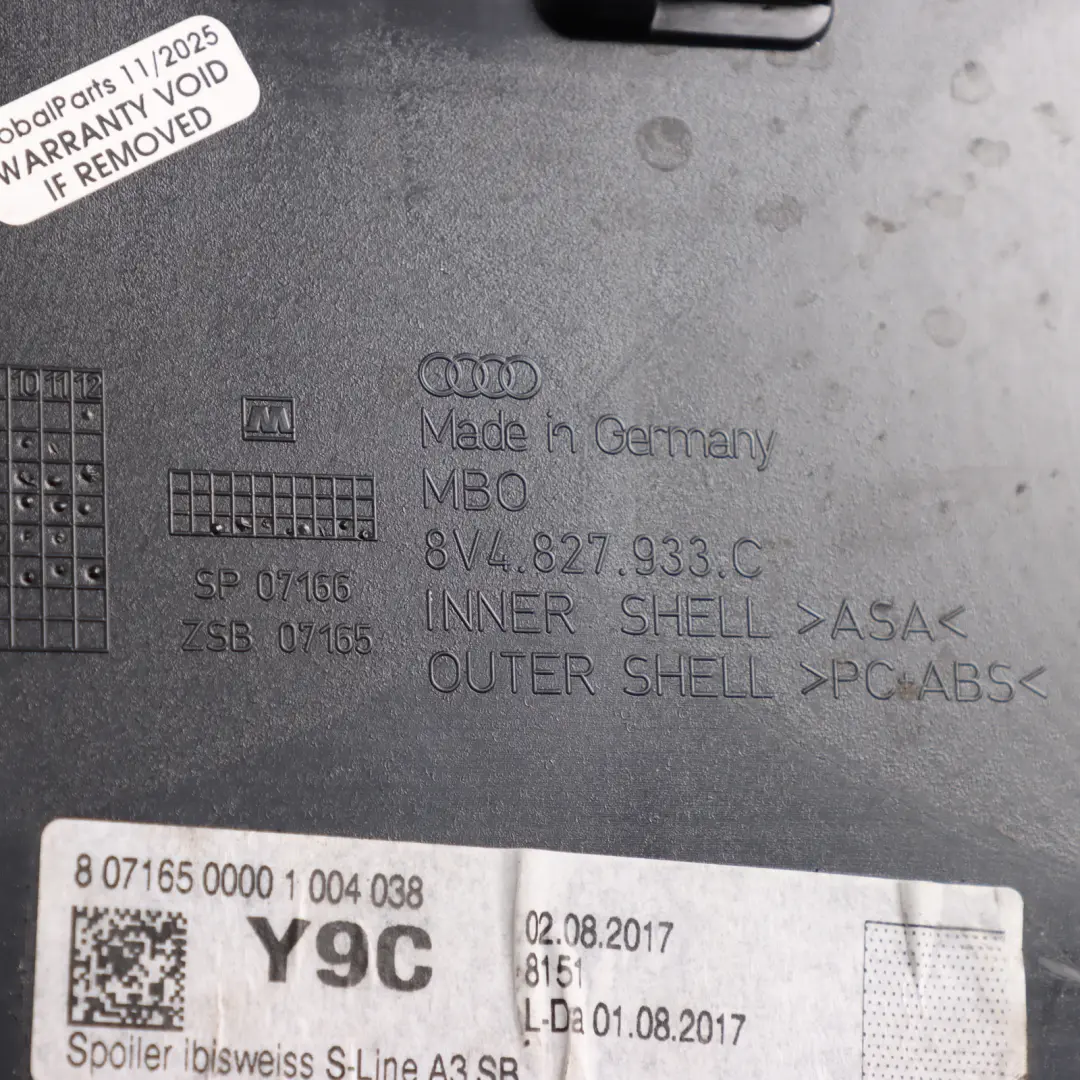 Spoiler Boot Lid Tailgate Trim Ibis White - Y9C to Audi S3 8V Rear with Part number 8V4827933C Audi S3 8V Rear Spoiler Boot Lid Tailgate Trim Ibis White - Y9C - SKU 8V4827933C-IWH - Part number 8V4827933C