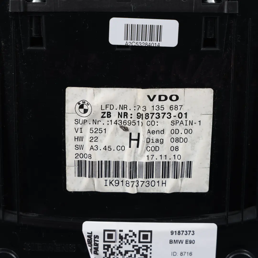 BMW E90 Instrument Cluster Speedo Clocks Manual Petrol Engine - SKU RHD-9187373 - Part number 9187373