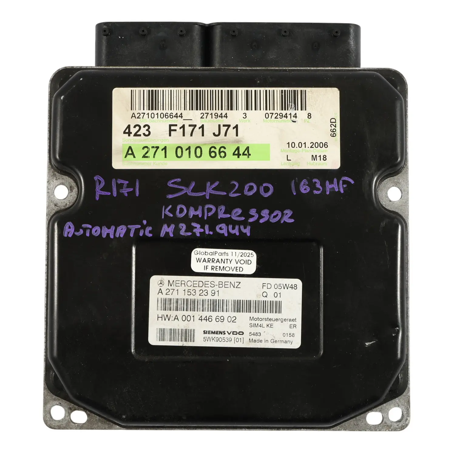 Mercedes R171 SLK200 M271.944 163CH  Calculateur Moteur A2710106644 Automatique