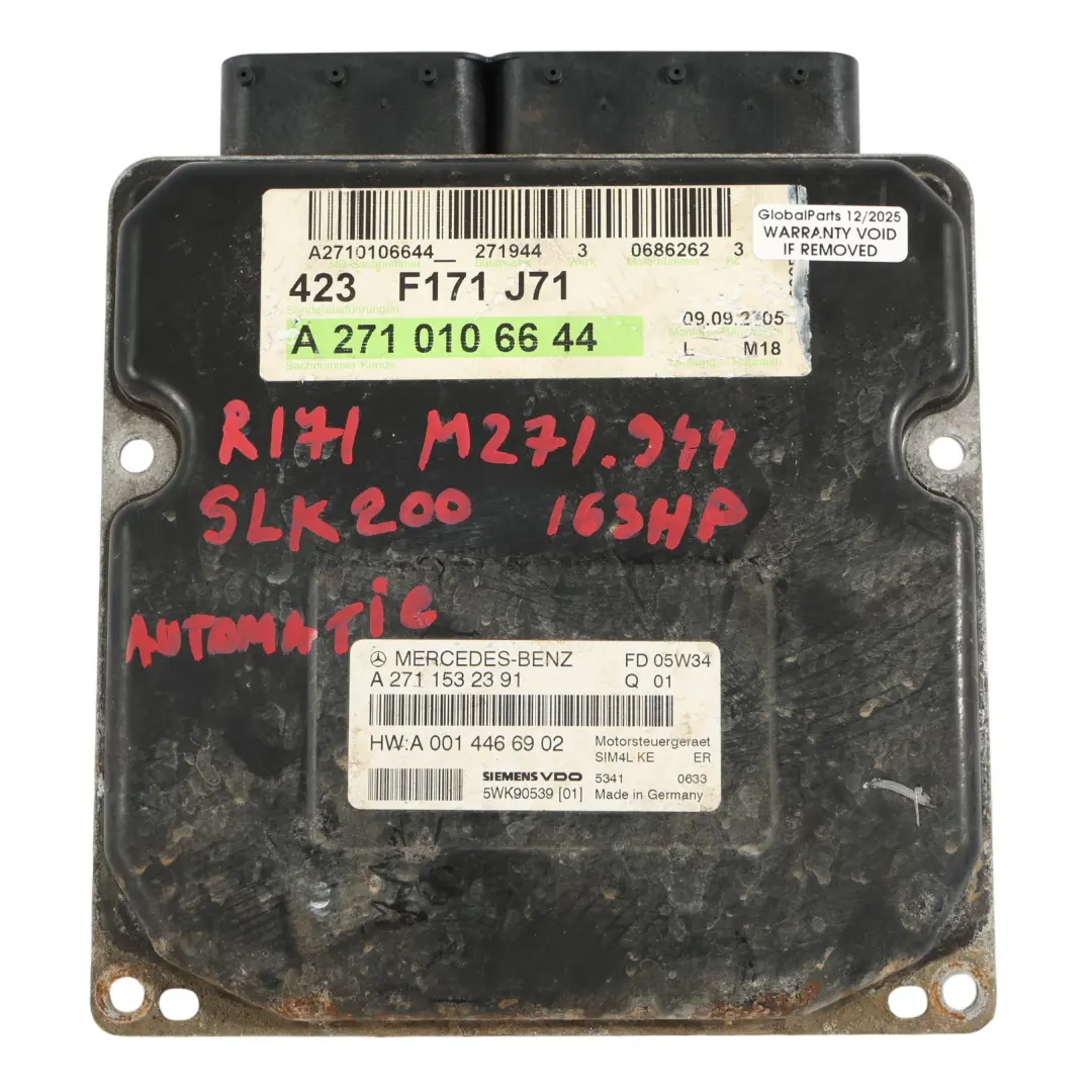 Mercedes R171 SLK200 M271.944 163HP Engine Control ECU Kit Key Lock - SKU A2710106644-2 - Part number A2710106644