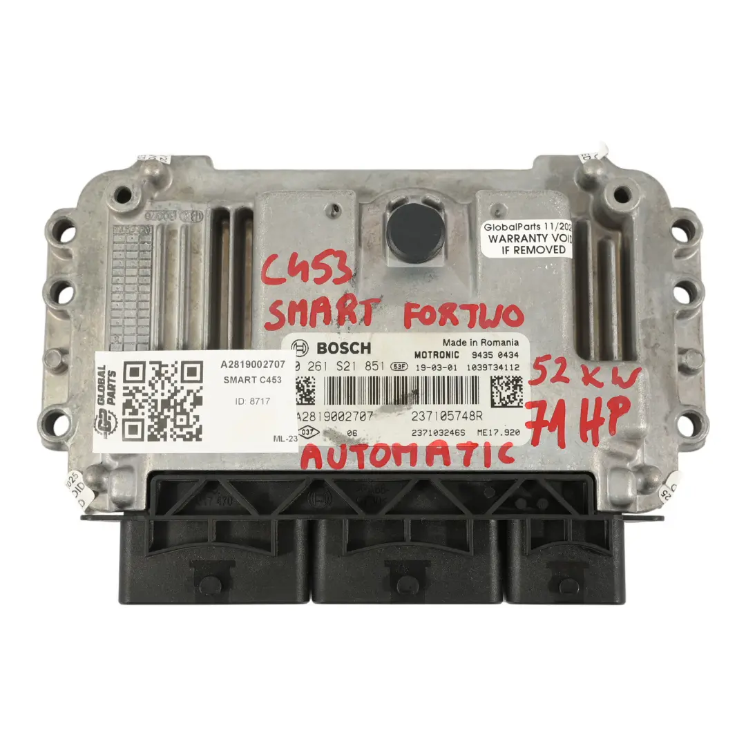 Smart Fortwo C453 M281.920 71Ch Unité De Commande Moteur Automatique 237105748R - SKU A2819002707 - Numéro de pièce A2819002707