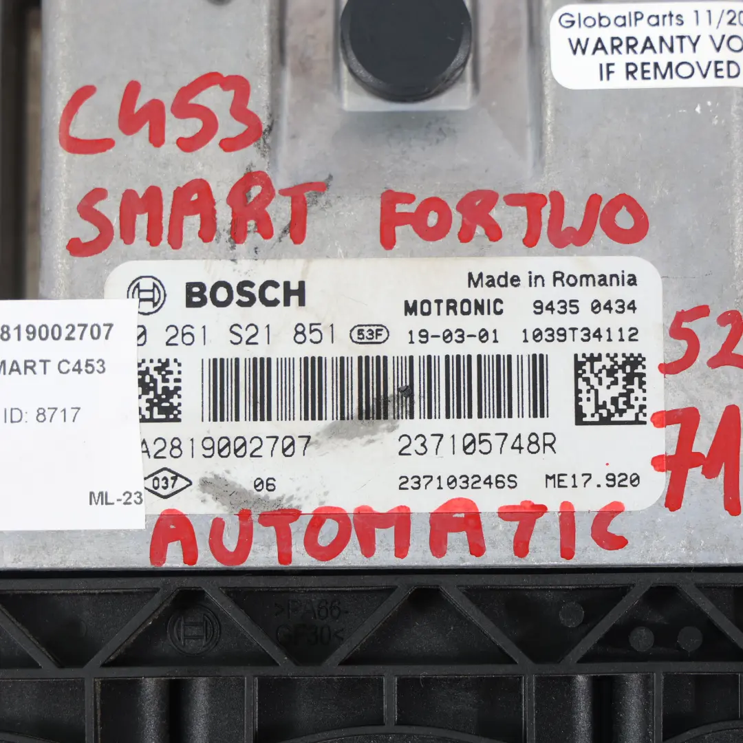 C453 M281.920 71HP Unidad Control Motor ECU 237105748R Automático para Smart Fortwo con número de pieza A2819002707 Smart Fortwo C453 M281.920 71HP Unidad Control Motor ECU 237105748R Automático - SKU A2819002707 - Número de pieza A2819002707