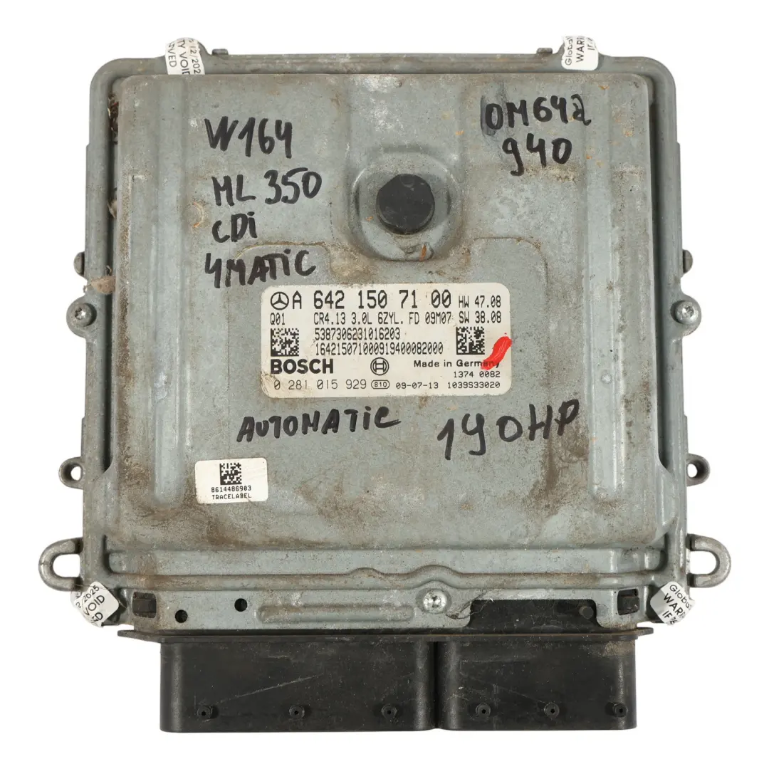 ML350 OM642 4-Matic 224HP Engine Control ECU Automatic to Mercedes W164 with Part number A6421507100 Mercedes W164 ML350 OM642 4-Matic 224HP Engine Control ECU Automatic - SKU A6421507100 - Part number A6421507100