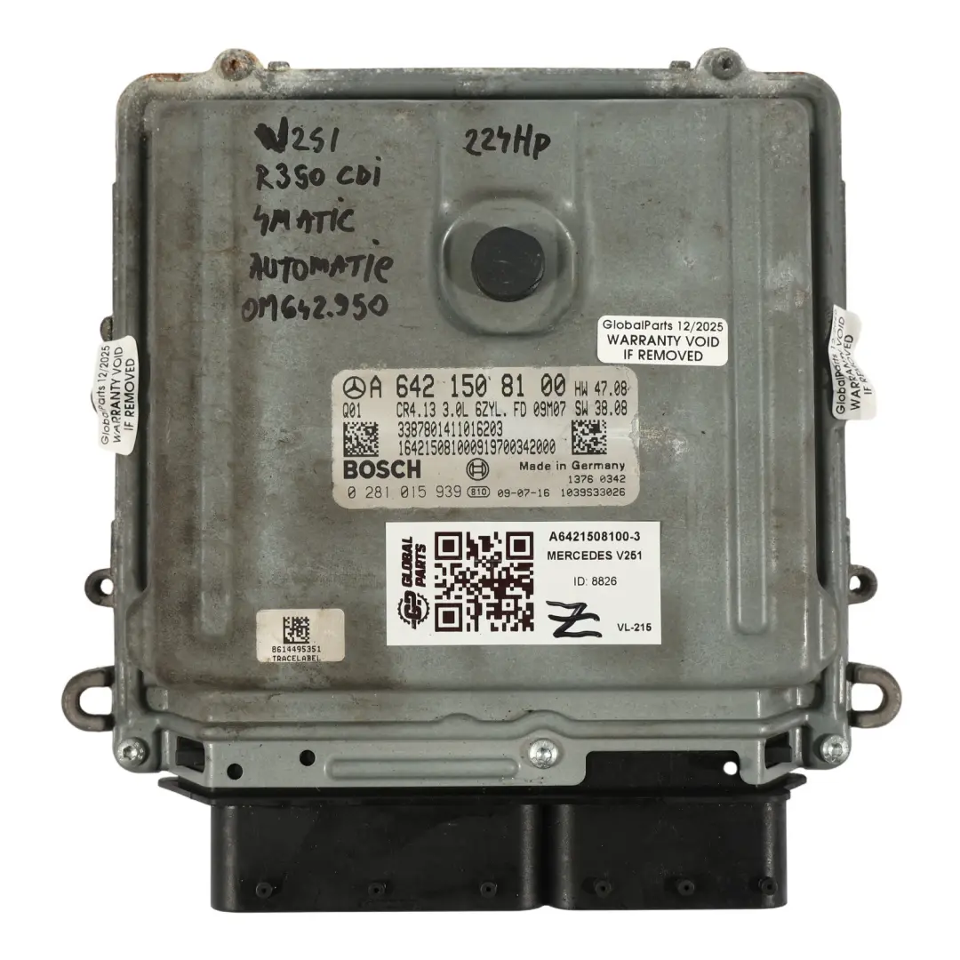 642.950 4-Matic 224HP Motor Control ECU Automático para Mercedes V251 con número de pieza A6421508100 Mercedes V251 642.950 4-Matic 224HP Motor Control ECU Automático - SKU A6421508100-3 - Número de pieza A6421508100