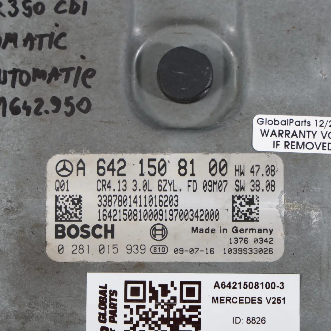 642.950 4-Matic 224HP Motor Control ECU Automático para Mercedes V251 con número de pieza A6421508100 Mercedes V251 642.950 4-Matic 224HP Motor Control ECU Automático - SKU A6421508100-3 - Número de pieza A6421508100
